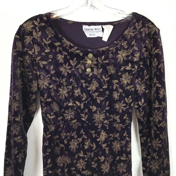 Vintage Purple Velvet Dress Size Petite 6P Gold Floral Long Sleeve Mini Y2K - Picture 2 of 7